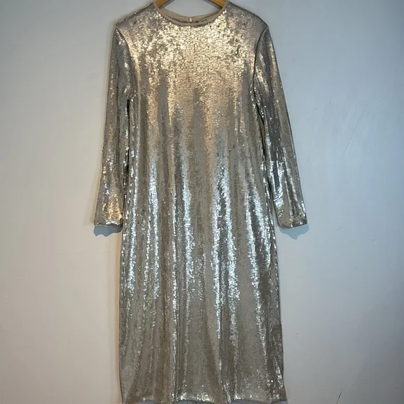 Zara silver sequin long sleeve midi dress size medium - Picture 9 of 14